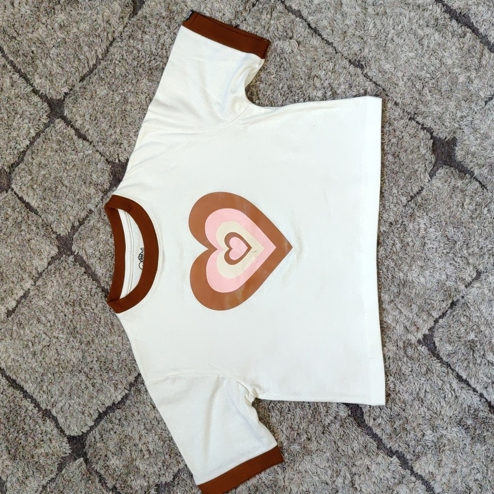 White Heart Print Crop Top with Brown Trim ** NWOT ** Cute And Comfy